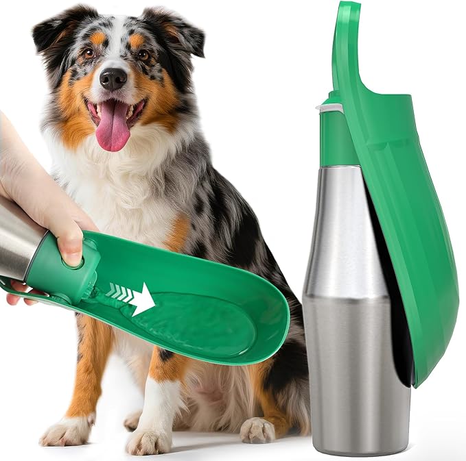 Stainless Steel Dog Water Bottle - 27 oz Portable Travel Dog Bottle & Bowl, Leak Proof Stainless Steel Metal Pet Water Bowl Dispenser for Camping, Hiking, Traveling, Walking (27oz, Green) - AquaVibe