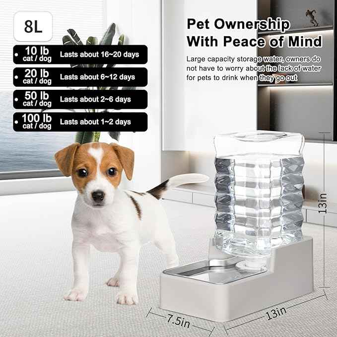 RIZZARI Stainless Steel Pet Water Feeder: 8L Gravity Waterer, Leak-Proof No-Spill Auto Refill - Keeps Floors Dry - Anti-Tip Base - Easy Clean - with Filter - for 25-35 LB Dogs - Home/Office