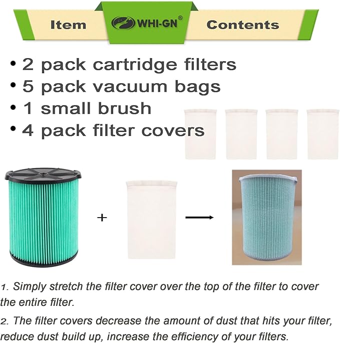 VF6000 Filter Replacement for Rigid Shop Vac Filter 5-20 Gallon, 5-LAYER HEPA Cartridge 97457 + VF3502 Vacuum Bags 23743 2-LAYER High Efficiency for RIDGID 12-16 Gal Wet/Dry Vacuums (2FILTER + 5BAGS) - AquaVibe