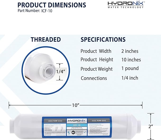 Hydronix ICF-10 Inline Post Activated Carbon Water Filter Replacement Cartridge with 1/4-Inch NPT for Refrigerator, Ice Maker, RO Reverse Osmosis System, 2000 Gallons - 1 Year Capacity (3 Pack)
