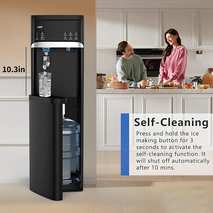 IKT Self-Clean Bottom Loading Hot and Cold Water Dispenser with Ice Maker Machine for 5 Gallon Bottle 22lbs Daily Capacity Ice Full Alert Black