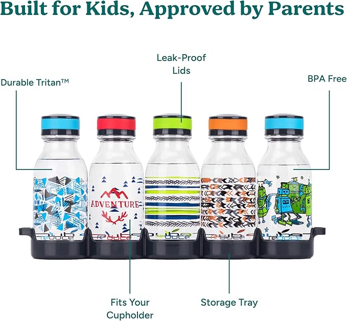 REDUCE WaterWeek Refillable Water Bottles, 14 oz - Includes 5 WaterWeek Leak Proof Tritan Reusable Water Bottles - Includes Fridge Tray - Navigate