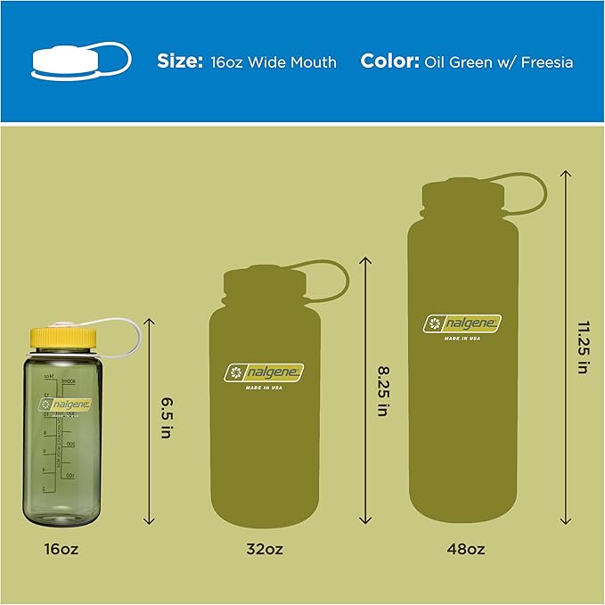 Nalgene 16 oz Wide Mouth Water Bottle | BPA-Free, Durable & Leak Proof, Lightweight, Fits In Cupholders – Thrill & Motion, Oil Green w/Freesia