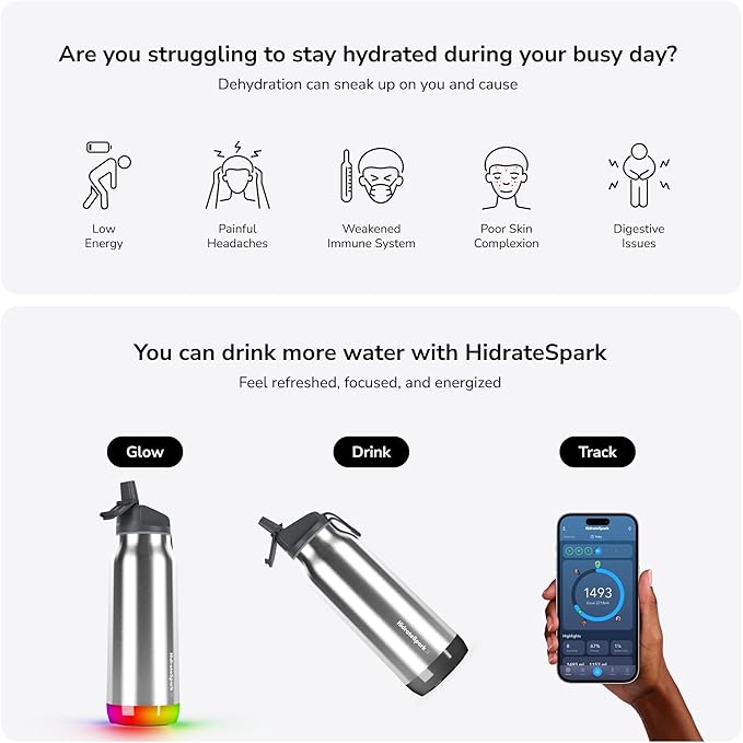Hidrate Spark PRO Smart Water Bottle – Insulated Stainless Steel – Tracks Water Intake with Bluetooth, LED Glow Reminder When You Need to Drink – Straw Lid, 32oz, Brushed Steel