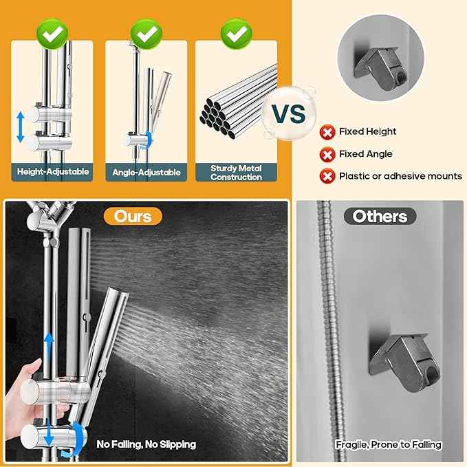 Hombeter High Pressure Rain Shower Head with Handheld Combo, 10 Inch Square Rainfall Showerhead, Adjustable Slide Bar Dual Shower System, 3 Spray Modes, 59" Stainless Steel Hose,Chrome