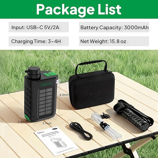 Greeshow Electric Water Filter, 0.01 Micron Survival Filtration System with Solar, Hand Crank Charger & LED Flashlight | Portable Pump for Camping Gear, Hiking & Emergency Kits