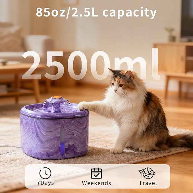 Cat Water Fountain Purple: Automatic Flower Pet Water Fountain for Cats Indoor-84oz/2.5L, Cute Cat Fountain for Drinking, LED Blue Light, Upgraded Ultra Quiet Pump, Gifts for Cats, Dogs (2Filters)