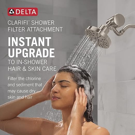 Delta Faucet 5-Setting H2Okinetic Shower Head Gold with Clarifi Premium Shower Filter Attachment with Filter