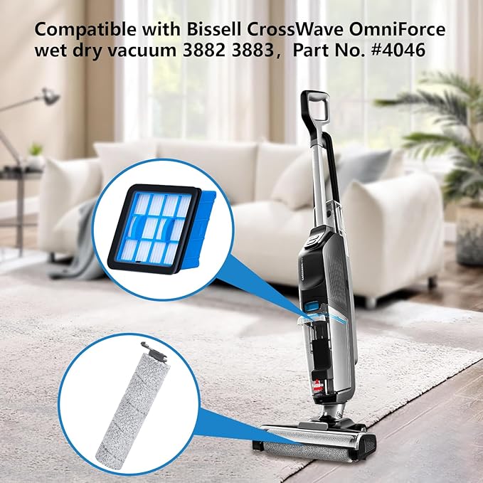 3882 Crosswave OmniForce Replacement Roller & Filters Compatible for Bissell Wet Dry Vacuum Cleaners (Models 3882/3883/3967F/3970F) - 4 Filters, 2 Rollers & 1 Cleaning Brush Included - AquaVibe