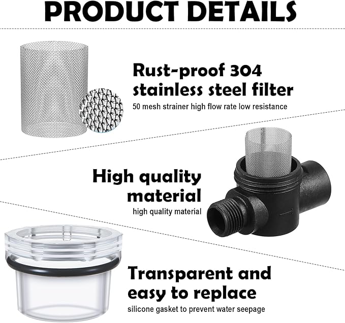 Honoson 3 Pcs Water Pump Strainer Filter Set Include Twist on Pipe Filter and Extra 50 Mesh Stainless Steel Screen, Rv Replacement 1/2 Inch Twist-on Pipe Strainer Compatible with WFCO or Shurflo Pump
