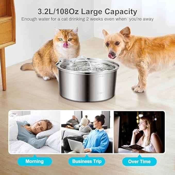 Dog Water Fountain, 3.2L/7L Filtered Water Fountain, Super Quiet Stainless Steel Dog Fountain Water Bowl for Large Dog Cats & Small Animals (Silver, 3.2L-with 2 Filter Element)