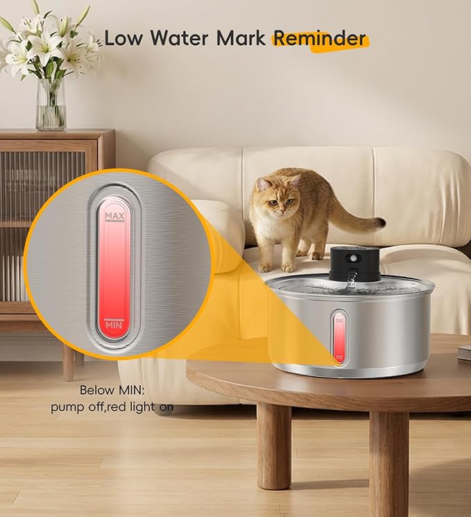 Stainless Steel Cat Water Fountain, 186fl.oz/1.45Gal Wireless Dog Water Fountain Battery Operated, Pet Water Dispenser Cordless for Cats & Dogs Indoor