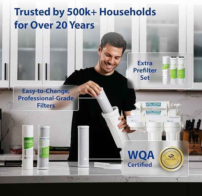 APEC Water Systems ROES-50 Essence Series Top Tier 5-Stage WQA Certified Ultra Safe Reverse Osmosis Drinking Water Filter System with Extra High Capacity Pre-Filter Set Stage 1-3