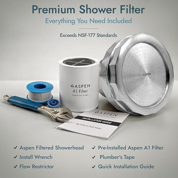Aspen Filtered Shower Head for Healthy Hair & Skin | Removes Chlorine, Hard Water & Heavy Metals | High Pressure Shower Head with Filter | Water Softener | KDF-55