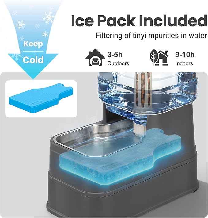 Automatic Dog Water Dispenser Gravity Stainless Steel Water Feeder Cat Waterer Feeder with Wide Mouth Bowl for Small Medium Dog Puppy Kitten (Filter &Ice Pack Included) 2.2Gallon Gray