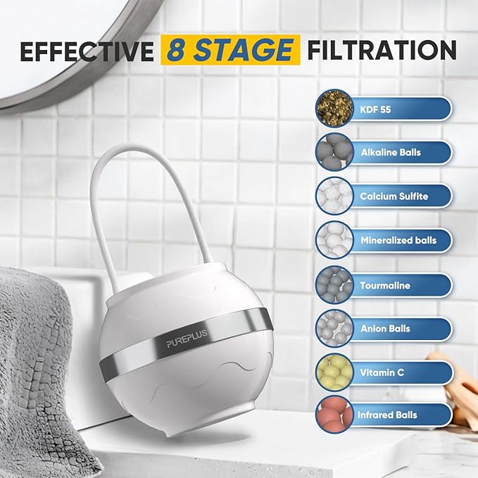PUREPLUS Bathtub Bath Water Filter for Tub with 1 Extra Replacement Filter,8 Stages Kinder Filter,2500 Gallons Filtration,Remove Contaminants,Softer Skin & Hair,Reduce Chlorine & Heavy Metals,BPA Free