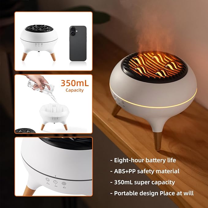 Essential Oil Diffuser 350ML Flame Diffuser Aromatherapy Humidifier, Remote & 7-Color Lights, Cool Mist Humidifier for Home Bedroom, Office, Hotel (White)