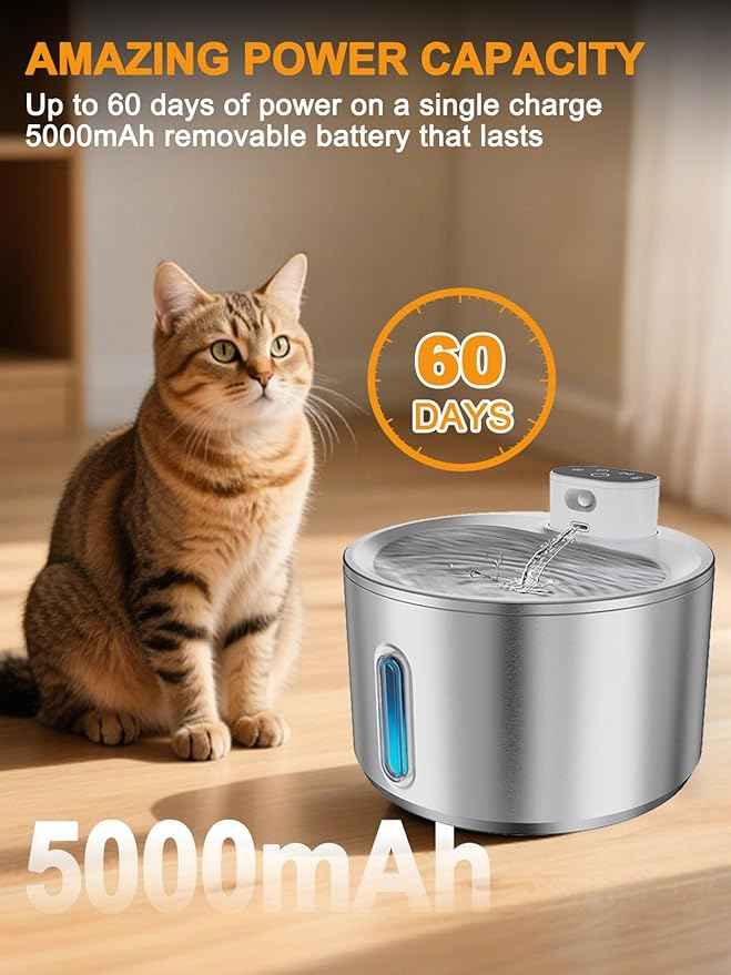 Cat Water Fountain Stainless Steel, 4L/135fl oz for Cats Dogs - Wireless Pet Water Dispenser Battery Operated with 5000mAh, Motion Sensor Activated, Ultra Quiet Pump, 6 Filters, Easy Clean Design