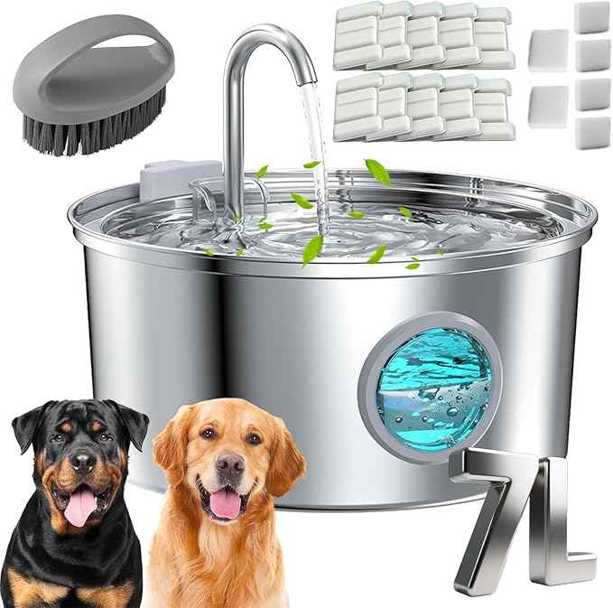 Dog Water Fountain, 3.2L/7L Filtered Water Fountain, Super Quiet Stainless Steel Dog Fountain Water Bowl for Large Dog Cats & Small Animals (Silver, 7L-with 10 Filter Element)