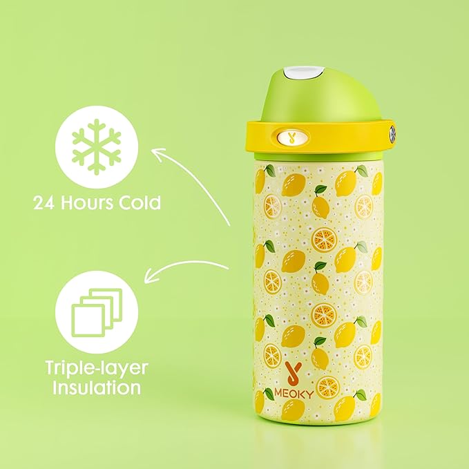 18 oz Stainless Steel Water Bottle for Kids: Meoky Insulated Water Bottle with 2-in-1 Straw and Spout Lid - Leak Proof, Cold for 24 Hours, BPA-Free for Boys Girls School Backpacks Sports, Sunny Lemons