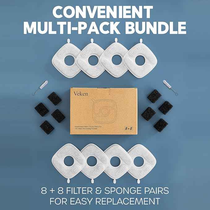 Veken Cat Water Fountain Filters, 8 Pack Replacement Filters & 8 Pack Replacement Pre-Filter Sponges Set for 50oz, 84oz, 95oz Automatic Pet Fountain Dog Water Dispenser - AquaVibe