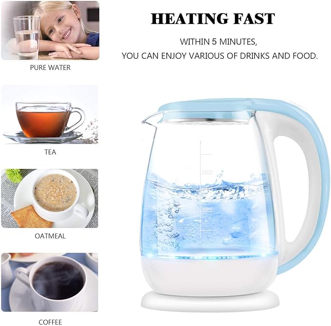 Kettles,Glass Electric Kettle,Eco Water Kettle with Illuminated Led,Bpa Free Cordless Water Boiler with Stainless Steel Inner Lid Bottom,Fast Boil Auto-Off Boil-Dry Protection,1.8L 1500W/Blue hopeful