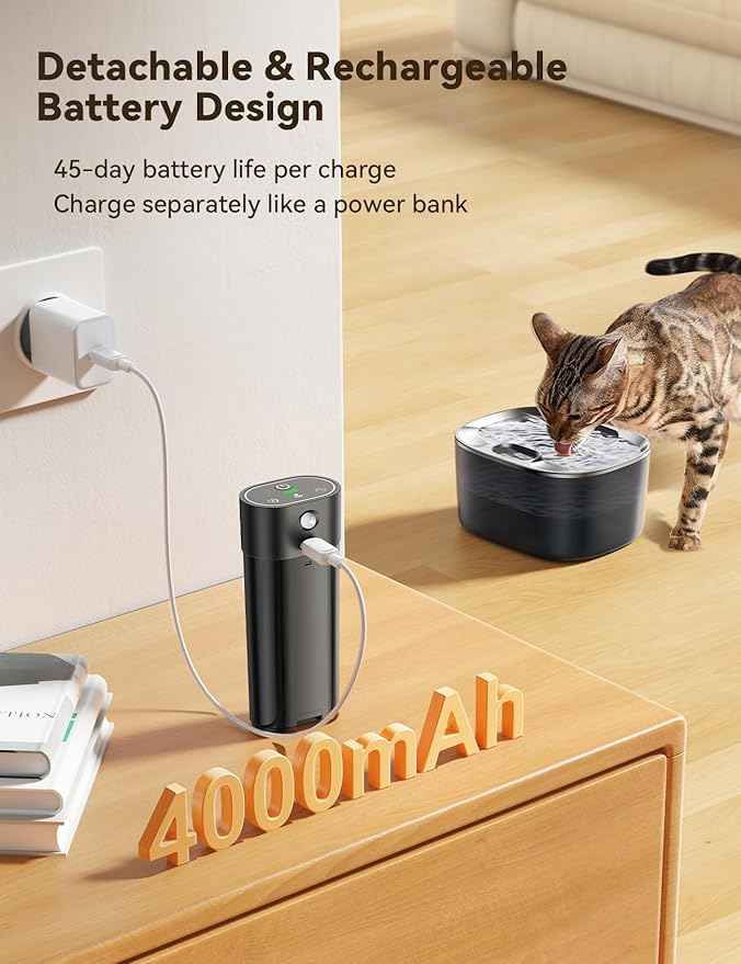 FEELNEEDY Wireless Cat Water Fountain, No Pump for Easy Cleaning, 4000mAh Detachable & Rechargeable Battery, Motion Sensor with Low Water & Power Alerts - Includes 6 Filters (4L/135oz)