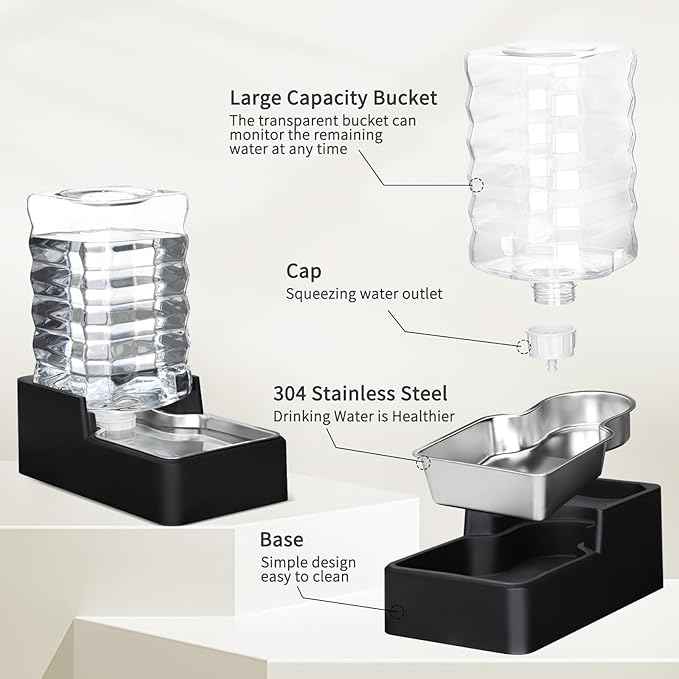 RIZZARI Stainless Steel Pet Water Feeder: 9L Large Gravity Leak-Proof Auto Refill Water Dispenser -Ideal for Multi-Pet Homes- Anti-Tip Base -No Filter- Easy Clean - for 30-60 LB Dogs- Home/Garage