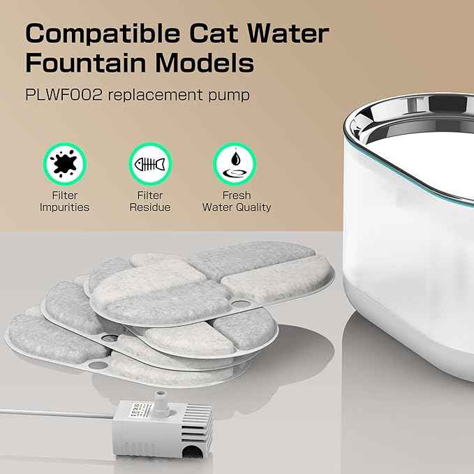 Cat Water Fountain Pump for Water Dispenser PLWF002, Ultra-Quiet Running Pet Water Fountain Pump with 4 Filters Kit