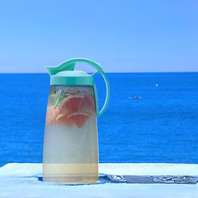 One-Touch Airtight Pitcher with Lid, 2.3QT (74oz) – Heat Resistant, Leakproof Quickpour Jug for Hot & Cold Drinks, Coffee, Tea, Water, Space-Saving, Dishwasher Safe, Made in Japan (Turquoise)