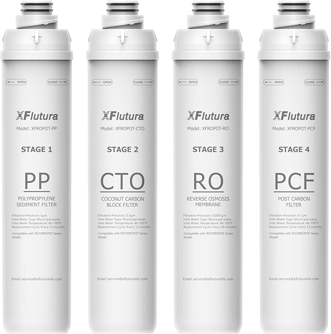 RO100ROPOT Series 4-Pack Replacement Filter Cartridge Set Compatible with Bluevua RO100ROPOT, RO100ROPOTUV Series Water Filter, Pack of 4 Filters (1*PP, 1*CTO, 1*RO, 1*PCF)