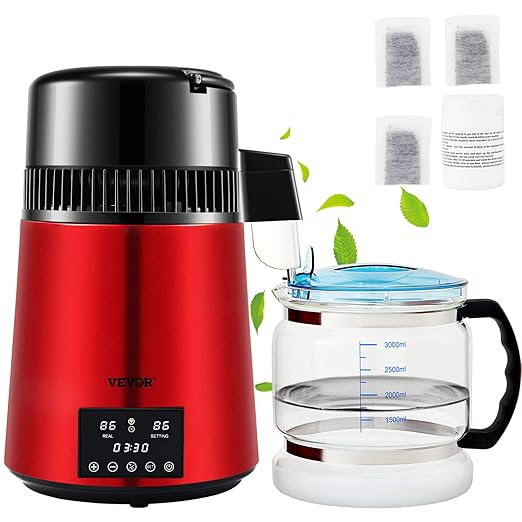 VEVOR 1.1Gal Water Distiller, 0.3Gal/H, Distilled Water Maker Machine 750W 0-99H Timing Dual Temp Display, 304 Stainless Steel Countertop Distiller Glass Carafe Cleaning Powder 3 Carbon Packs, Red