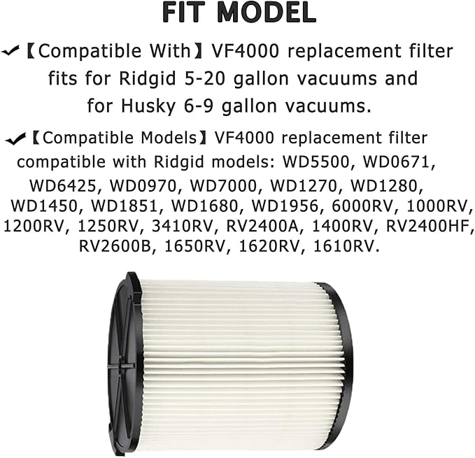 2 Pack vf4000 Filter for Ridgid Shop Vac 5-20 Gallon Wet/Dry Vac, also Fit for Husky 6-9 gallon Vacuum, with 4x Foam Sleeve - AquaVibe