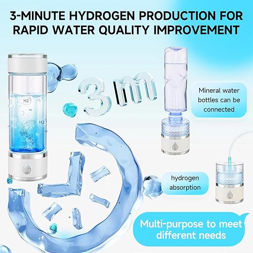 Hydrohealth Hydroh Hydrogen Water Bottle Generator, Portable and Rechargeable Hydro Health Hydrogen Water Bottle Glass with SPE Pem Technology,3 Min 4100 PPB Pure Hydrogen Rich Concentration