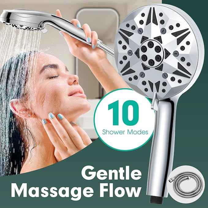 Filtered High Pressure Handheld Shower Head – 10 Spray Modes with Rain & Massage, Built-in Filter for Cleaner Water, Anti-Clog Nozzles, Power Rinse for Tile & Pets, Chrome Finish