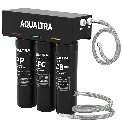 AQUALTRA USF-3B-10 Slightly Alkaline Under Sink Water Filtration System, 8000-32000 Gallons Under-sink Water Filter, 0.5 μm Carbon Fiber Filter Reduces Chlorine, Chloramine, Fluoride, Bad Taste & Odor