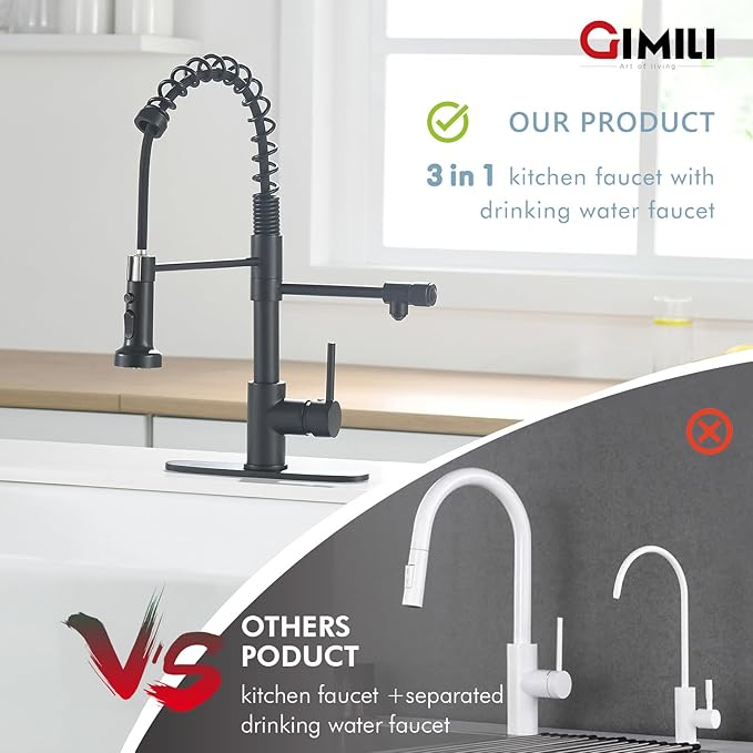 GIMILI Drinking Water Faucet 3 in1 Commercial Style Pull-Down Single Handle Filter Kitchen Faucet for Water Filtration System, Matte Black,Without Water Filtration Device