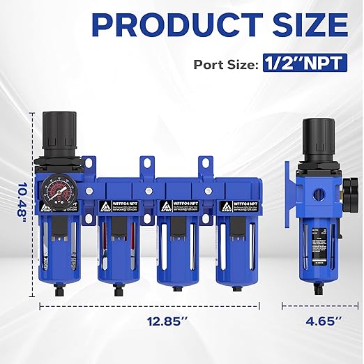1/2 Inch NPT Air Dryer for Compressor,4 Stage Air Drying System,Brass Filter, Coalescing Filter,Double Desiccant Dryers & Air Regulator,Metal Bowl,Semi-Auto Drain,Industrial Grade(Blue) - AquaVibe