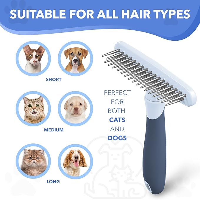 Dog rake deshedding dematting Brush Comb - Undercoat rake for Dogs, Cats, matted, Short,Long Hair Coats - Brush for Shedding, Double Row Stainless Steel pins - Reduce Shedding by 90% (Haze Blue) - AquaVibe