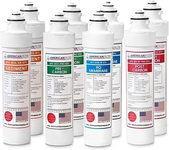American Filter Company® Model # AFC-B4W-CMB 4-Stage Water Filters Replacement, Compatible with Brio NFMPP5M, NFMGAC, NFMCTO5MS2, NFMCTO5MS3, NFMCTO5MS4, UV Water Cooler, 8Pk