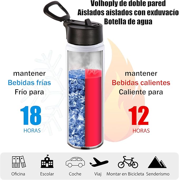 Volhoply Sublimation Insulated Water Bottles Blank Bulk 8 Pack, 22 oz Stainless Steel Sports Bottle with Straw, Double Walled Vacuum Metal Water Flask with Wide Mouth(Sublimation,8 Set)