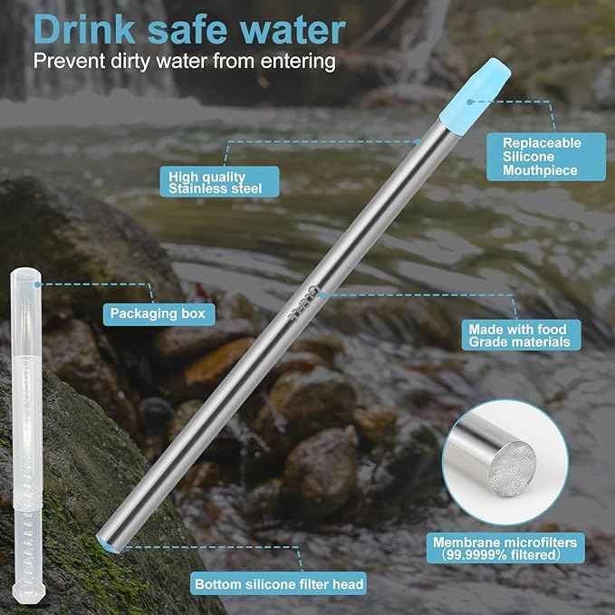 Personal Water Filter Straw, Reusable Stainless Steel Water Filter Drinking Straw Portable Outdoor Emergency Survival Gear for Hiking, Camping, Travel, Hunting & Fishing (Large)