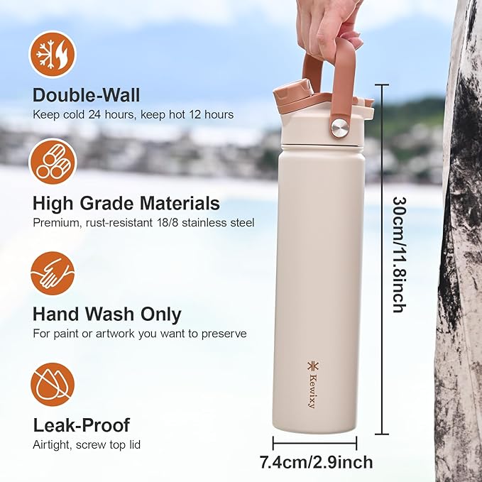 24 oz Insulated Water Bottle, 2-in-1 Lid, Straw & Spout with Protected, Leak Proof, Keep Cold 24H, Cup Holder Fit, Stainless Steel, Metal, Reusable, for Travel, Gym and School, 2 Lids, Mousse
