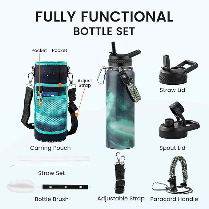 40oz Insulated Water Bottle, Triple Wall Vacuum Stainless Steel Water Bottles - Keeps Cold 48H, Reusable Metal water flask Jug for Gym, Sports, Camping, Hiking,Travel, Aurora-Green