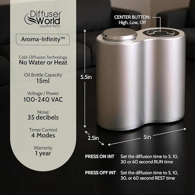 Aroma-Infinity Essential Oil Diffuser for Home Scent Diffusers - 100V-240V Portable & Waterless Aromatherapy Diffusers with Digital Timer, Nebulizing Diffuser, Air Diffuser for Home-Silver