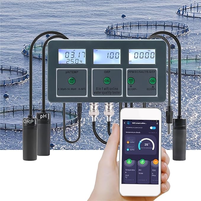 Upgrade Smart Water Quality Meter 8 in 1 PH EC TDS Salt S.G CF ORP Temp Tester Real Time Transmission WiFi Connection Water Quality Detector Water Monitor