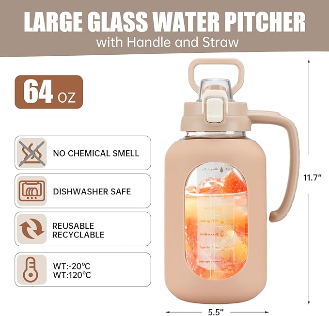 64 oz Glass Water Bottle with Handle and Straw Large 2L Water Bottle with Time Markers and Silicone Sleeve Half Gallon Water Jug BPA Free for Gym Daily Use