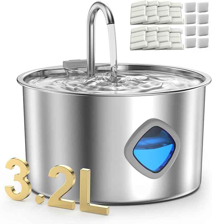 Cat Water Fountain Stainless Steel - 108oz/3.2L Pet Gift Dog Water Dispenser Automatic Silent Cats Dispenser for Drinking Indoor Metal Kitty Spout Fountains with 8 Filters + 8 sponges