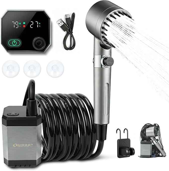 Portable Shower for Camping, Filtered Camping Shower, IPX8 Waterproof，6000mAh Rechargeable Outdoor Camp Shower Pump with LED Display, 4 Spray Modes for Hiking, Travel, Pet