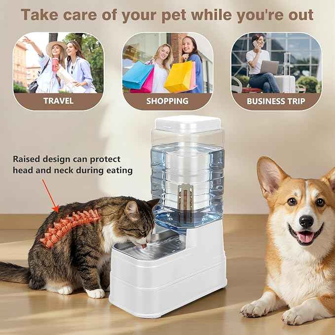 2.2 Gallon Pet Automatic Dog Water Dispenser Cat Gravity Waterer Feeder with Stainless Steel Bowl Large Capacity Puppy Feeding Raised Bowls with Filter,Ice Pack (White, 8L(2.2 Gallon))